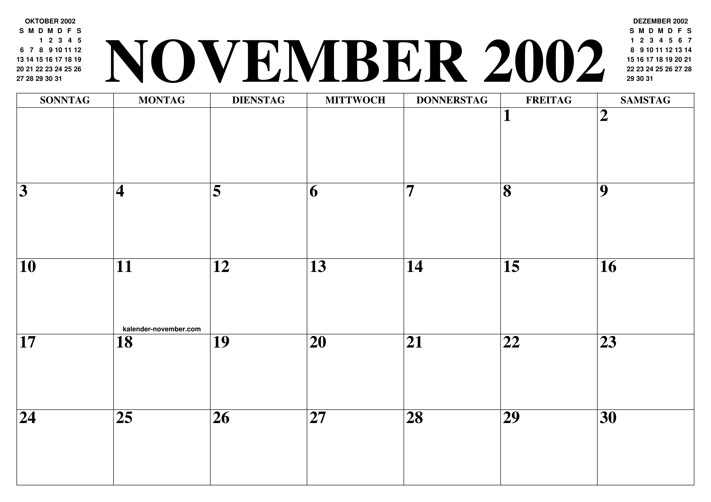 KALENDER NOVEMBER 2002 : NOVEMBER KALENDER ZUM AUSDRUCKEN GRATIS MONAT UND  JAHR AGENDA